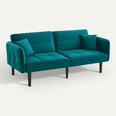 Canapé Convertible 2 Places Velours Bleu-vert Antique, Accoudoirs Rabattables, Dossiers 3 Positions