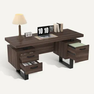 Bureau Bois Foncé 135 X 54 Cm En Mdf Et Métal, 3 Tiroirs, Rangement Pour Classeurs Bureau Bois Foncé 135 X 54 Cm En Mdf Et Métal, 3 Tiroirs, Rangement Pour Classeurs