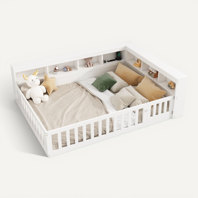 Lit Enfant 140x190 Cm Au Sol Avec Sommier à Lattes, Ports USB, Prise Et Rangements, Blanc Lit Enfant 140x190 Cm Au Sol Avec Sommier à Lattes, Ports USB, Prise Et Rangements, Blanc