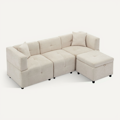 Canapé D'angle 3 Places 204×126×69 Cm Avec Pouf Rangement Et 2 Coussins, Tissu Chenille Beige Canapé D'angle 3 Places 204×126×69 Cm Avec Pouf Rangement Et 2 Coussins, Tissu Chenille Beige