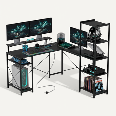 Bureau D’angle En L 137x140x139,5 Cm Avec Étagères, USB, USB-c Et Prise, Métal Noir Bureau D’angle En L 137x140x139,5 Cm Avec Étagères, USB, USB-c Et Prise, Métal Noir