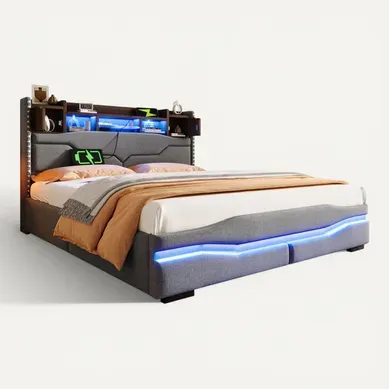 Lit Coffre 160x200 Cm En Lin Gris Avec LED, Ports USB/type-c Et Tête à Rangements