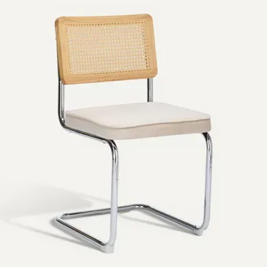 Lot De 2 Chaises Cantilever Velours Beige, Dossier Rotin Tressé, Base Métal Chromé Lot De 2 Chaises Cantilever Velours Beige, Dossier Rotin Tressé, Base Métal Chromé