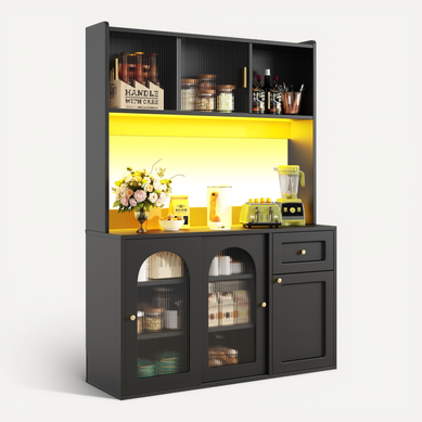Buffet De Cuisine Noir Haut 120x35x167 Cm LED Avec Portes Vitrées, Étagères Réglables