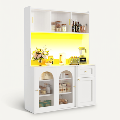 Buffet De Cuisine Blanc Haut 120x35x167 Cm LED, Portes Vitrées Coulissantes, Étagères Réglables
