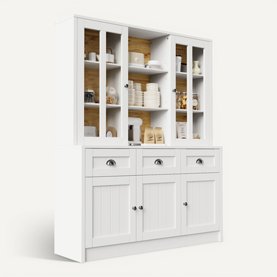 Buffet De Cuisine Haut 140x38,5x175 Cm Blanc Avec étagères, 3 Tiroirs Et 5 Portes