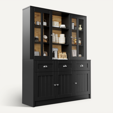 Buffet De Cuisine 140x38,5x175 Cm Noir Avec Niches Ouvertes, 3 Tiroirs Et 5 Portes
