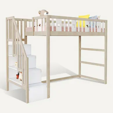 Lit Mezzanine Enfant 90x200 Cm, Escalier Avec Rangements, En Bois Blanc Ou Naturel