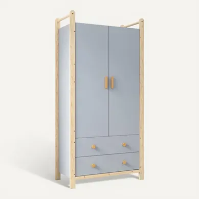 Armoire 89.6x44x180.5 Cm En Bois Bleu Avec Tringle, 2 Portes Et 2 Tiroirs Armoire 89.6x44x180.5 Cm En Bois Bleu Avec Tringle, 2 Portes Et 2 Tiroirs