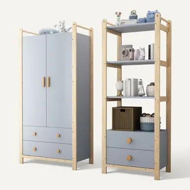 Ensemble Armoire + Bibliothèque Bleu Et Bois Avec Penderie, 2 Portes Et 4 Tiroirs, Hauteur 180 Cm Ensemble Armoire + Bibliothèque Bleu Et Bois Avec Penderie, 2 Portes Et 4 Tiroirs, Hauteur 180 Cm