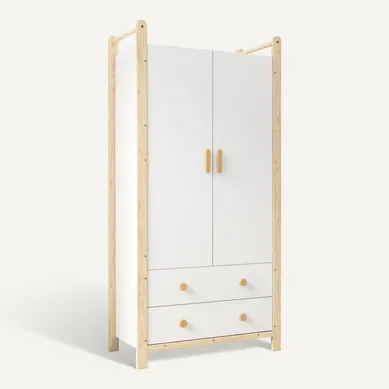 Armoire 89.6x44x180.5 Cm En Bois Blanc Avec Tringle, 2 Portes, 2 Tiroirs Armoire 89.6x44x180.5 Cm En Bois Blanc Avec Tringle, 2 Portes, 2 Tiroirs