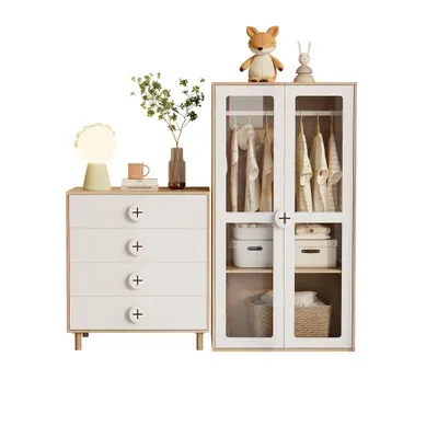 Ensemble Armoire 80x50x150 Cm Et Table De Chevet Blanc Et Naturel, 4 Tiroirs Et Portes Acryliques