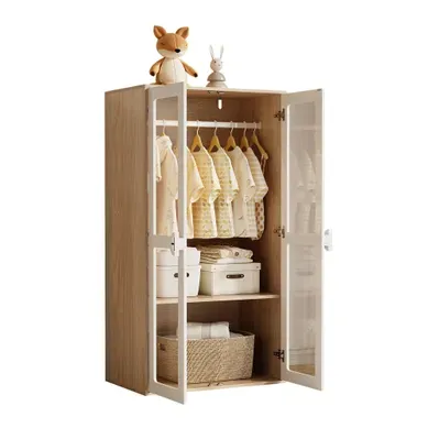 Armoire Enfant 80x50x150 Cm Blanc Et Naturel Avec 2 Portes, Tringle Et étagères Réglables