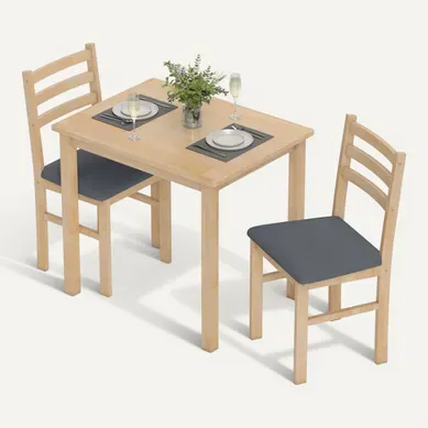 Ensemble Repas 3 Pièces 80x60 Cm Bois Naturel Avec 2 Chaises En Tissu Aspect Lin Ensemble Repas 3 Pièces 80x60 Cm Bois Naturel Avec 2 Chaises En Tissu Aspect Lin