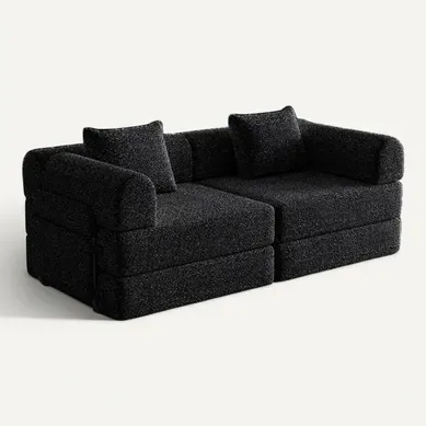 Canapé Convertible 2 Place Modulable Tissu Chenille Noir Avec Rangement Accoudoir, Cadres Métal Canapé Convertible 2 Place Modulable Tissu Chenille Noir Avec Rangement Accoudoir, Cadres Métal