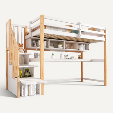 Lit Mezzanine Enfant 90x200 Cm Avec Bureau Intégré Et Rangements, Bois Blanc Et Chêne Lit Mezzanine Enfant 90x200 Cm Avec Bureau Intégré Et Rangements, Bois Blanc Et Chêne