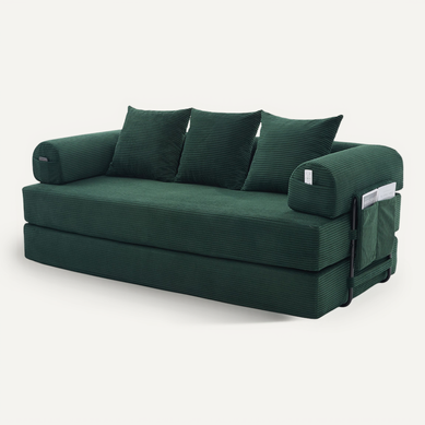 Canapé Convertible 3 Places Modulable 200 Cm, Velours Côtelé Émeraude, 3 Coussins Et Poche Latérale