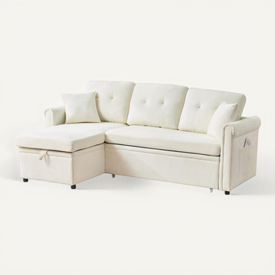 Canapé D'angle Convertible 3 Places En Chenille Beige, Coffre Et Rangements, Méridienne Réversible Canapé D'angle Convertible 3 Places En Chenille Beige, Coffre Et Rangements, Méridienne Réversible
