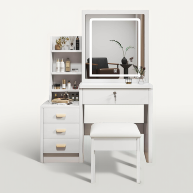 Coiffeuse Avec Tabouret 85x130x36 Cm Avec Miroir LED 3 Modes, 4 Tiroirs, Blanc
