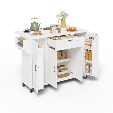 Desserte, Îlot De Cuisine Blanc Rabattable 120×45(70)×95 Cm Avec 4 Portes Et Tiroir, Sur Roulettes