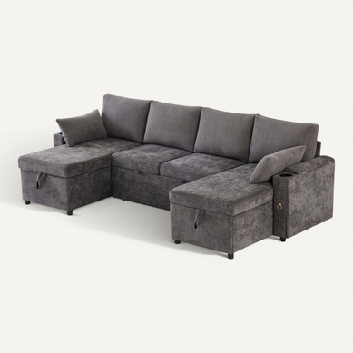 Canapé D'angle Convertible En U 4 Places, 2 Coffres De Rangements Et Porte-gobelets, Tissu Gris