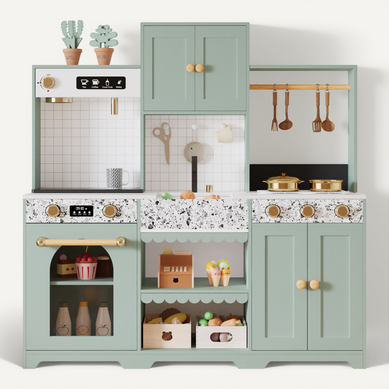 Cuisine Jouet Pour Enfants 30x90x98 Cm, Verte, Bois Et Plastique, Avec Rangements Et Accessoires Cuisine Jouet Pour Enfants 30x90x98 Cm, Verte, Bois Et Plastique, Avec Rangements Et Accessoires