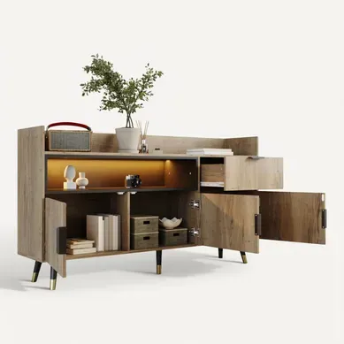 Buffet Bois Naturel Avec LED, Tiroir Et 3 Portes, Salon Et Entrée
