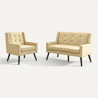 Set De 2 Banquette 2 Places Et Fauteuils En Lin Beige, Mousse Haute Densité, Pieds En Bois