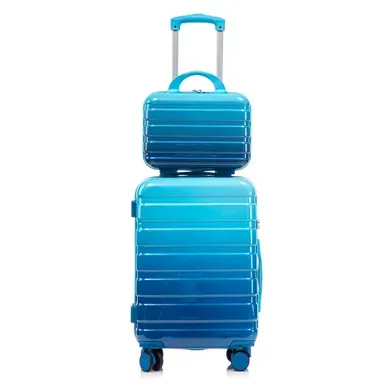 Set De Valises 20" Et Trousse 14" En PC Bleu, 4 Roues Pivotantes