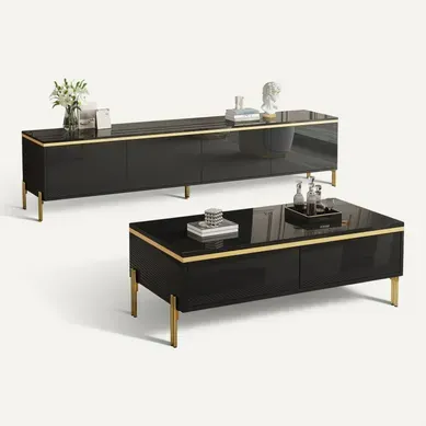Ensemble De Salon Meuble TV Noir 170 Cm Et Table Basse 100x50x36 Cm, 2 Tiroirs, 4 Portes