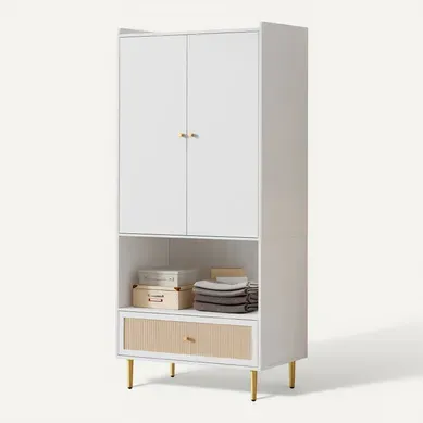 Armoire Penderie 80x48x175 Cm Bois Et Blanc Avec 2 Portes, Compartiment Ouvert Et Tiroir