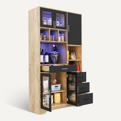 Buffet De Cuisine Haut 185 Cm Noir Et Bois Naturel, Avec LED Et Prises USB, Rangements Et 4 Tiroirs Buffet De Cuisine Haut 185 Cm Noir Et Bois Naturel, Avec LED Et Prises USB, Rangements Et 4 Tiroirs
