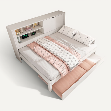 Lit 140x190 Cm Avec Lit Gigogne 90x190 Cm Bois Blanc, Ports USB, Rangements Et Sommier à Lattes Lit 140x190 Cm Avec Lit Gigogne 90x190 Cm Bois Blanc, Ports USB, Rangements Et Sommier à Lattes
