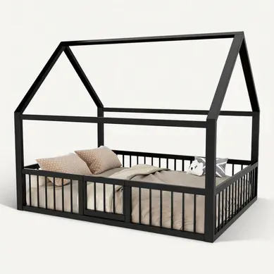 Lit Cabane Enfant 140x200 Cm Avec Barrières, En Métal Noir Lit Cabane Enfant 140x200 Cm Avec Barrières, En Métal Noir