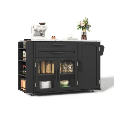 Desserte, Îlot De Cuisine Noir Sur Roulettes Avec Plateau Rabattable 138x70x90 Cm