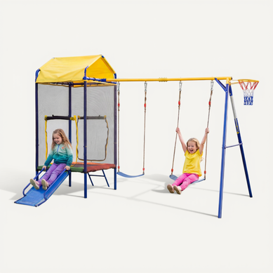 Aire De Jeux Extérieure 4-en-1 Avec Trampoline, Double Balançoire, Toboggan Et Panier De Basket