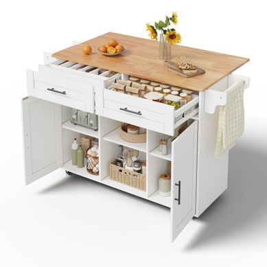Desserte, Îlot De Cuisine Mobile 145x70x94,5 Cm Blanc, Tablette Rabattable, 2 Portes, 2 Tiroirs