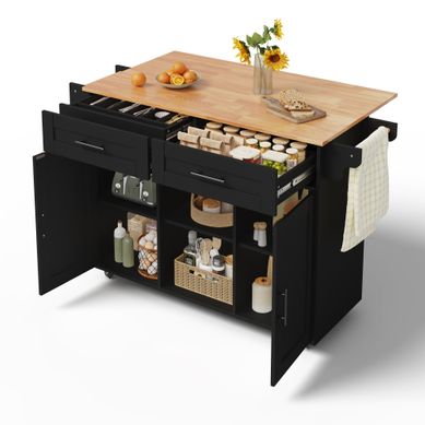 Îlot De Cuisine Mobile 145x70x94,5 Cm Noir, Plateau Rabattable, 2 Portes, 2 Tiroirs Et 5 Roulettes