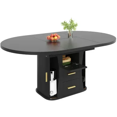 Table à Manger Extensible Ronde 118-158x118x77 Cm Noir Avec Rangements, 6 Personnes