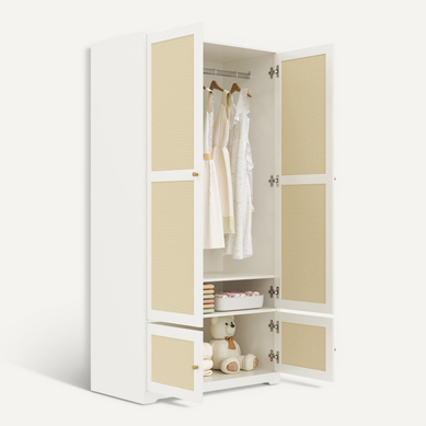 Armoire 90x48x180 Cm Blanche Avec 4 Portes En Rotin, Tringle Et étagères Armoire 90x48x180 Cm Blanche Avec 4 Portes En Rotin, Tringle Et étagères