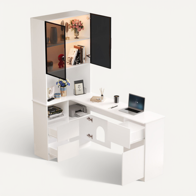 Bureau D’angle - Vitrine 120x80x180 Cm Avec LED, 3 Tiroirs, 4 Portes Et Étagères Blanc Bureau D’angle - Vitrine 120x80x180 Cm Avec LED, 3 Tiroirs, 4 Portes Et Étagères Blanc