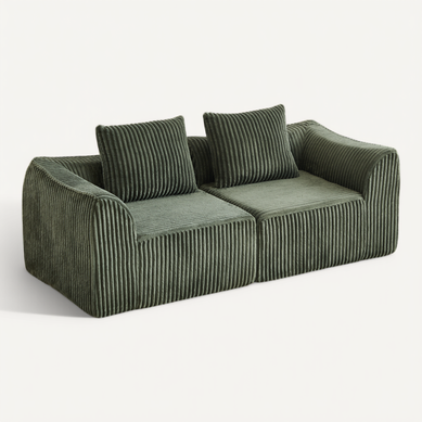 Canapé Modulable 2 Places En Tissu Côtelé Vert Avec 2 Coussins