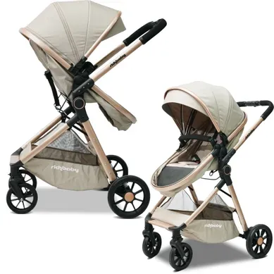 Poussette Bébé 2-en-1 Réversible Pliage Rapide Avec Canopy Réglable, Crème Abricot Poussette Bébé 2-en-1 Réversible Pliage Rapide Avec Canopy Réglable, Crème Abricot