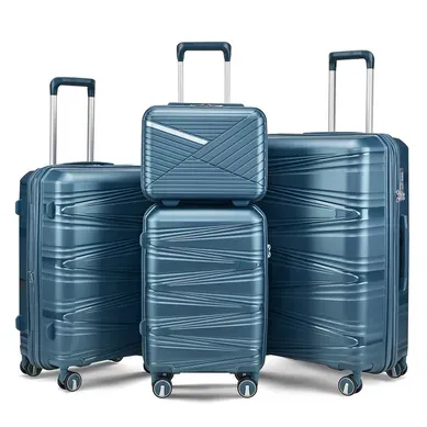 Set De Valises 4 Pièces 20/24/28'' + Trousse 14'' En Polypropylène Bleu Paon, Roues Amovibles