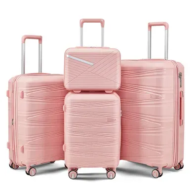 Set De Valises 4 Pièces En Pp Rose 20/24/28'' Avec Vanity 14'' Et Roues Amovibles