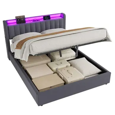 Lit Coffre Adulte 160x200 Cm Avec LED, Prise USB, Sommier À Lattes, En Velours Gris Foncé