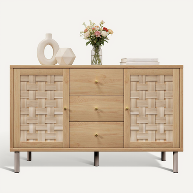 Buffet Bois Aspect Chêne 120 Cm Avec 2 Portes Et 3 Tiroirs - Meuble Rangemenrt Salon/entrée