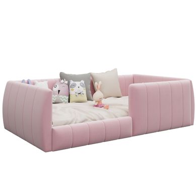 Lit Enfant 90x200 Cm En Lin Rose Avec Barrières De Sécurité Et Sommier À Lattes