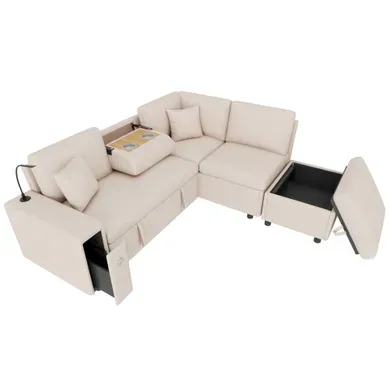 Canapé D’angle Convertible 5 Places 213x184x88 Cm En Lin Beige, USB, Type-c, Liseuse Et Tabouret