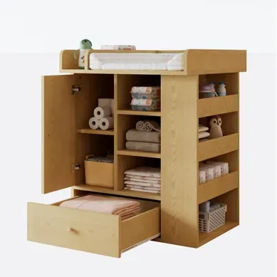 Commode Bébé à Langer 91x76,5x100 Cm Naturel Avec Tiroir, Porte, Placard Et Porte-serviettes